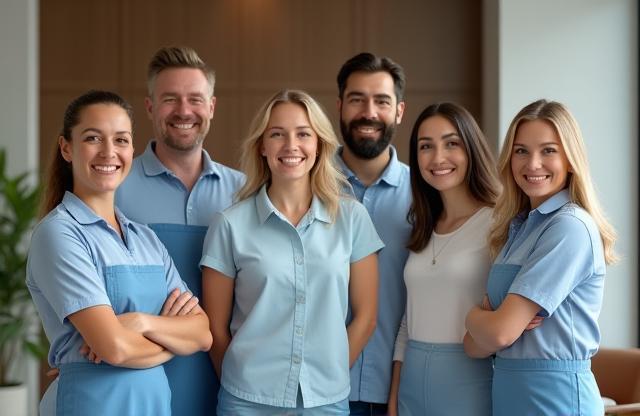 Professional cleaning team members smiling